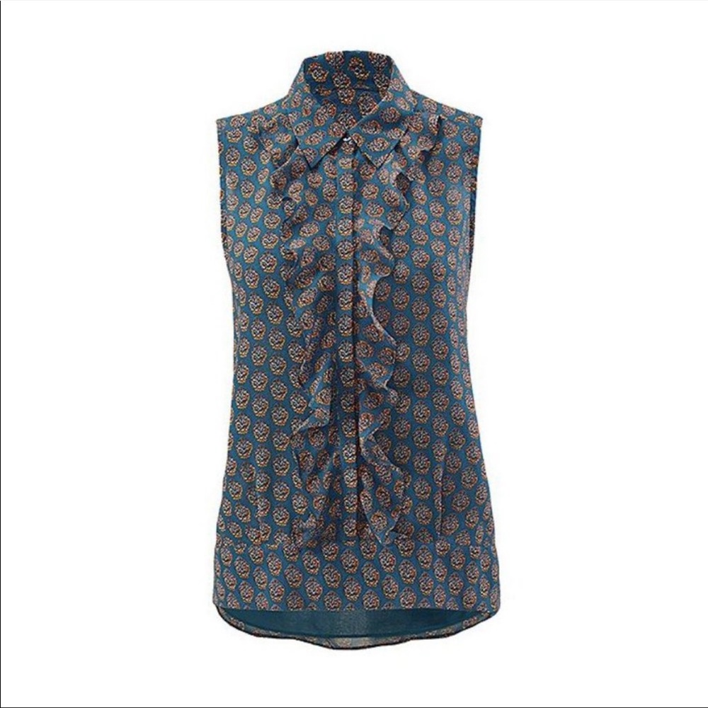 CABI #3275 Teal Orange Ruffle Medallion Reign Blouse sz m Women's Sleeve…